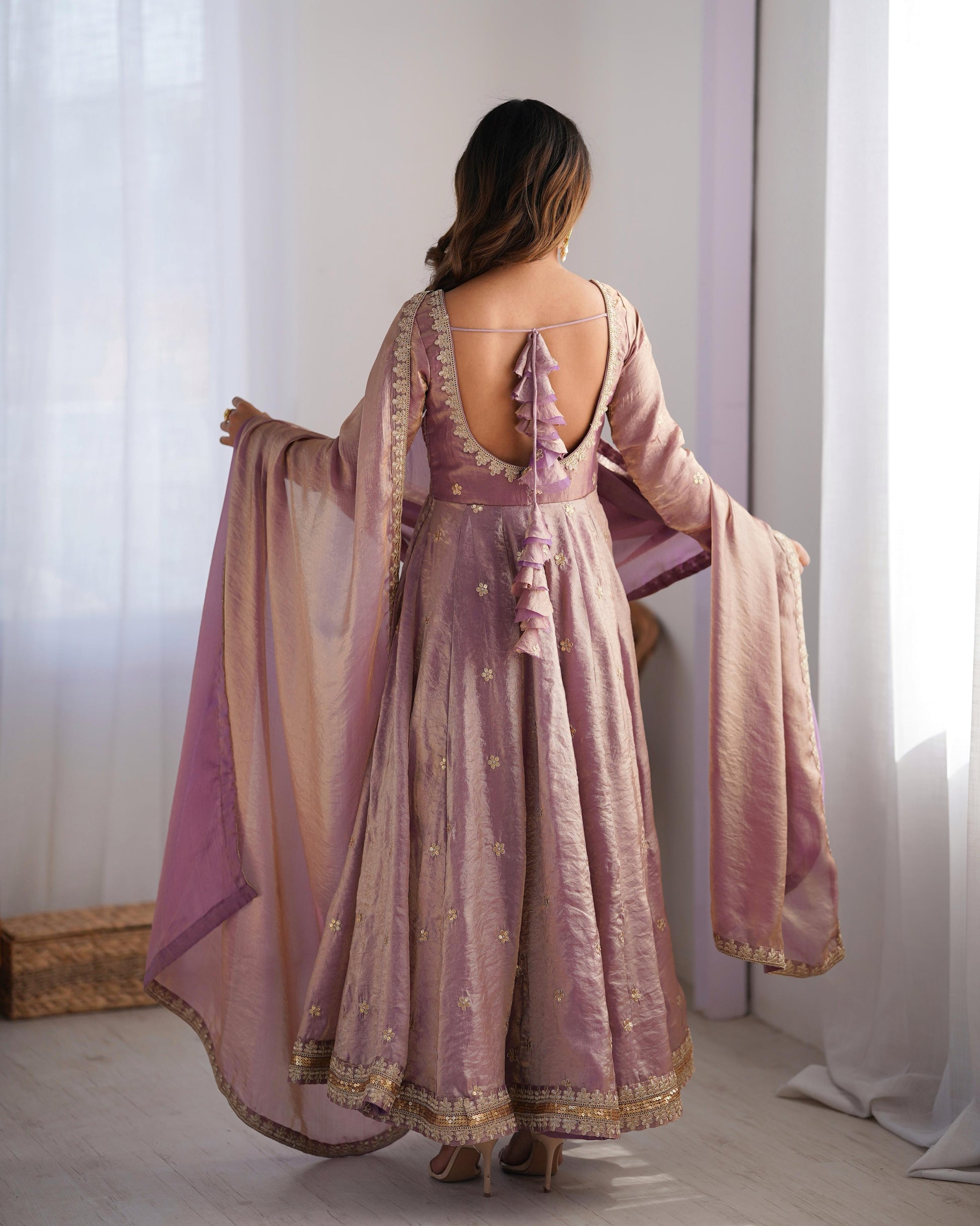 Teeya Creation Lavender Color Fendy Silk Embroidery Work Fully Stitched Gown