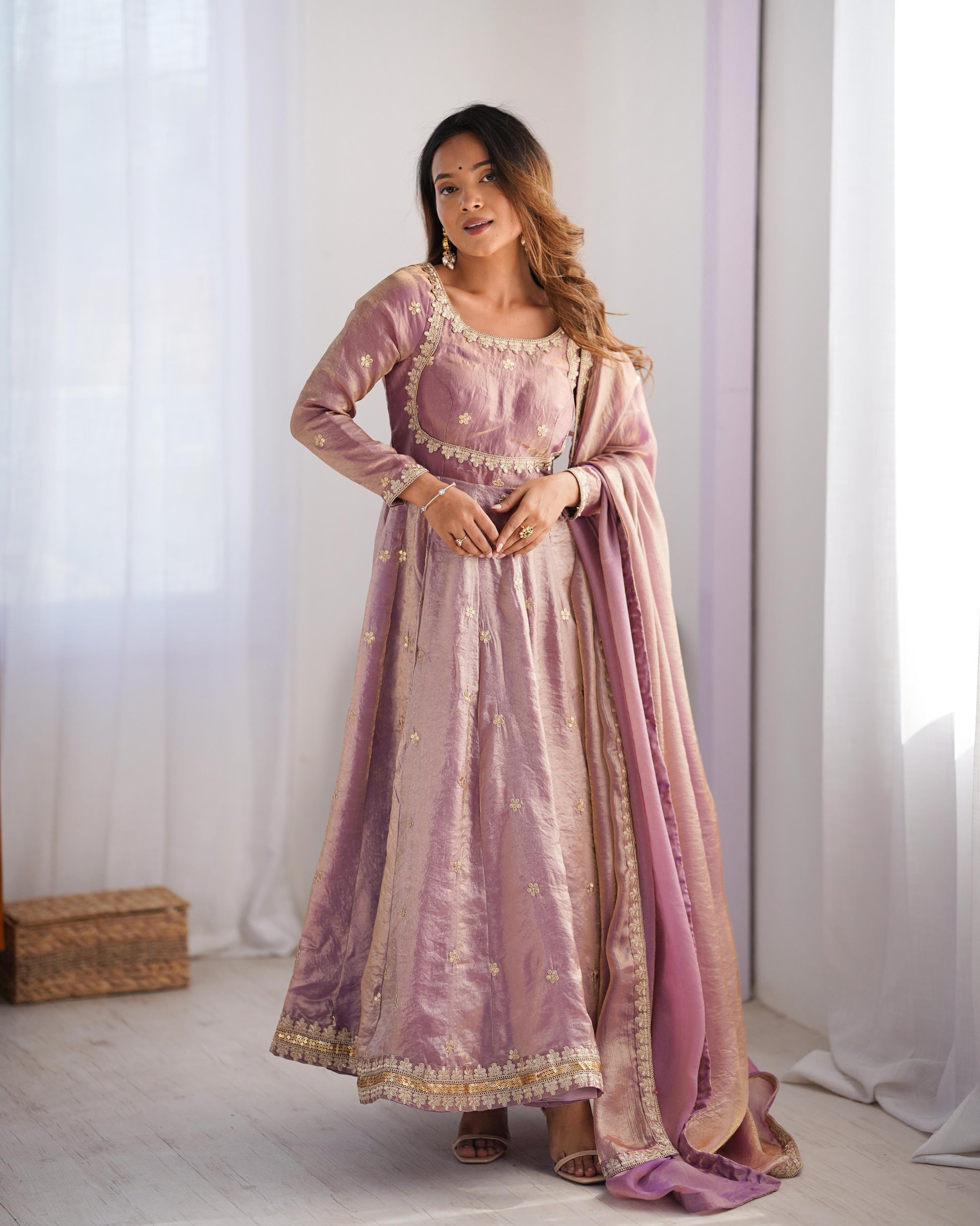 Teeya Creation Lavender Color Fendy Silk Embroidery Work Fully Stitched Gown