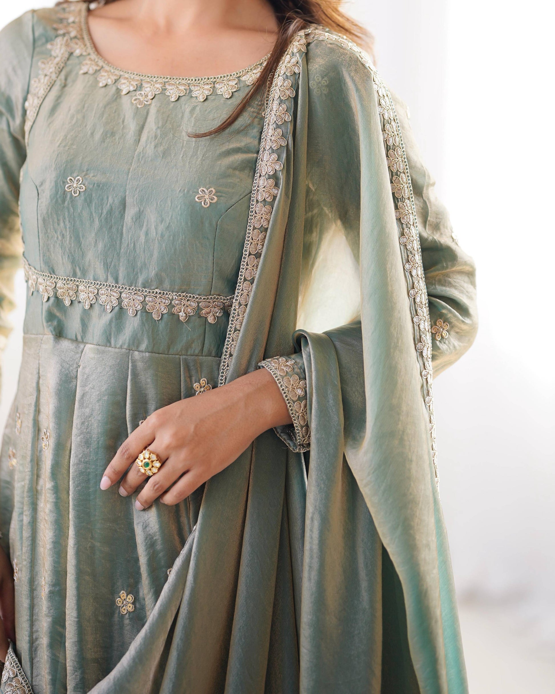 Teeya Creation Mint Green Color Fendy Silk Embroidery Work Fully Stitched Gown