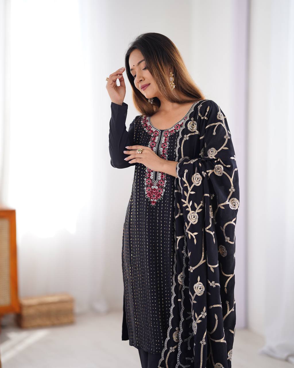 Teeya Creation Black Color Chinnon Silk Embroidery Work Fully Stitched Pakistani Suit