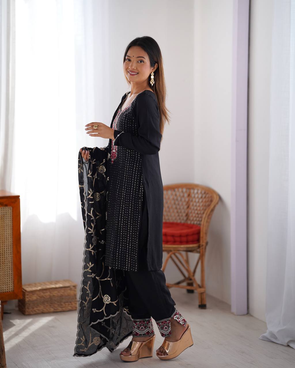 Teeya Creation Black Color Chinnon Silk Embroidery Work Fully Stitched Pakistani Suit