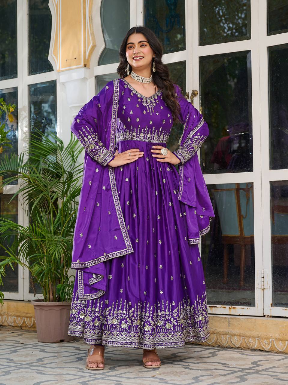 Teeya Creation Purple Color American Silk Embroidery Work Fully Stitched Gown