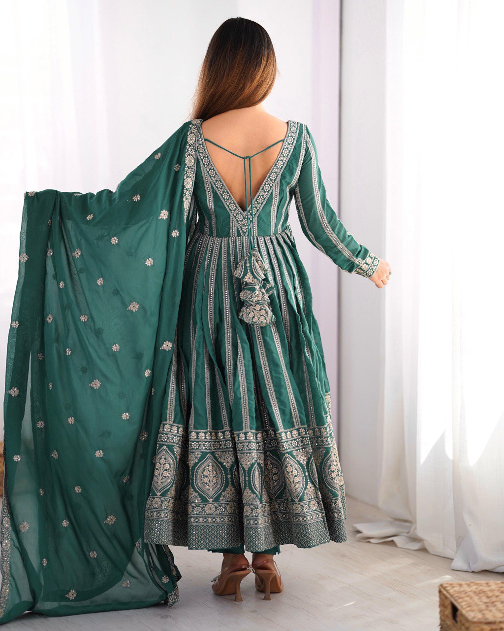 Teeya Creation Green Color Star Georgette Embroidery Work Fully Stitched Gown