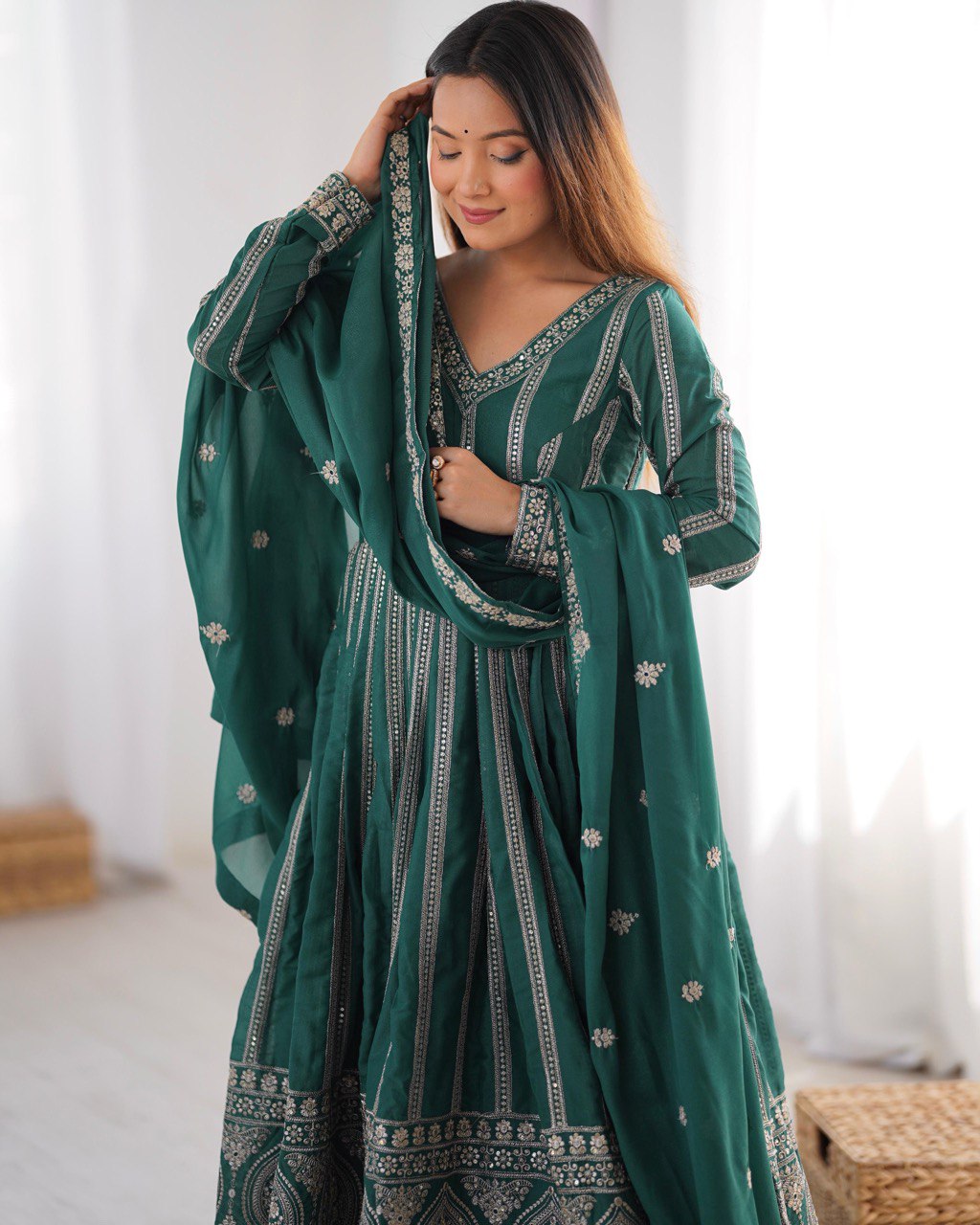 Teeya Creation Green Color Star Georgette Embroidery Work Fully Stitched Gown