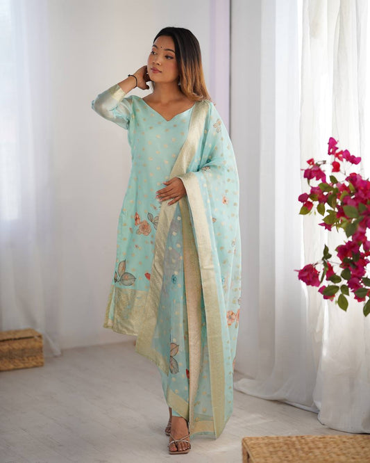 Teeya Creation Sky Color Chanderi Silk Embroidery Work Fully Stitched Pakistani Suit