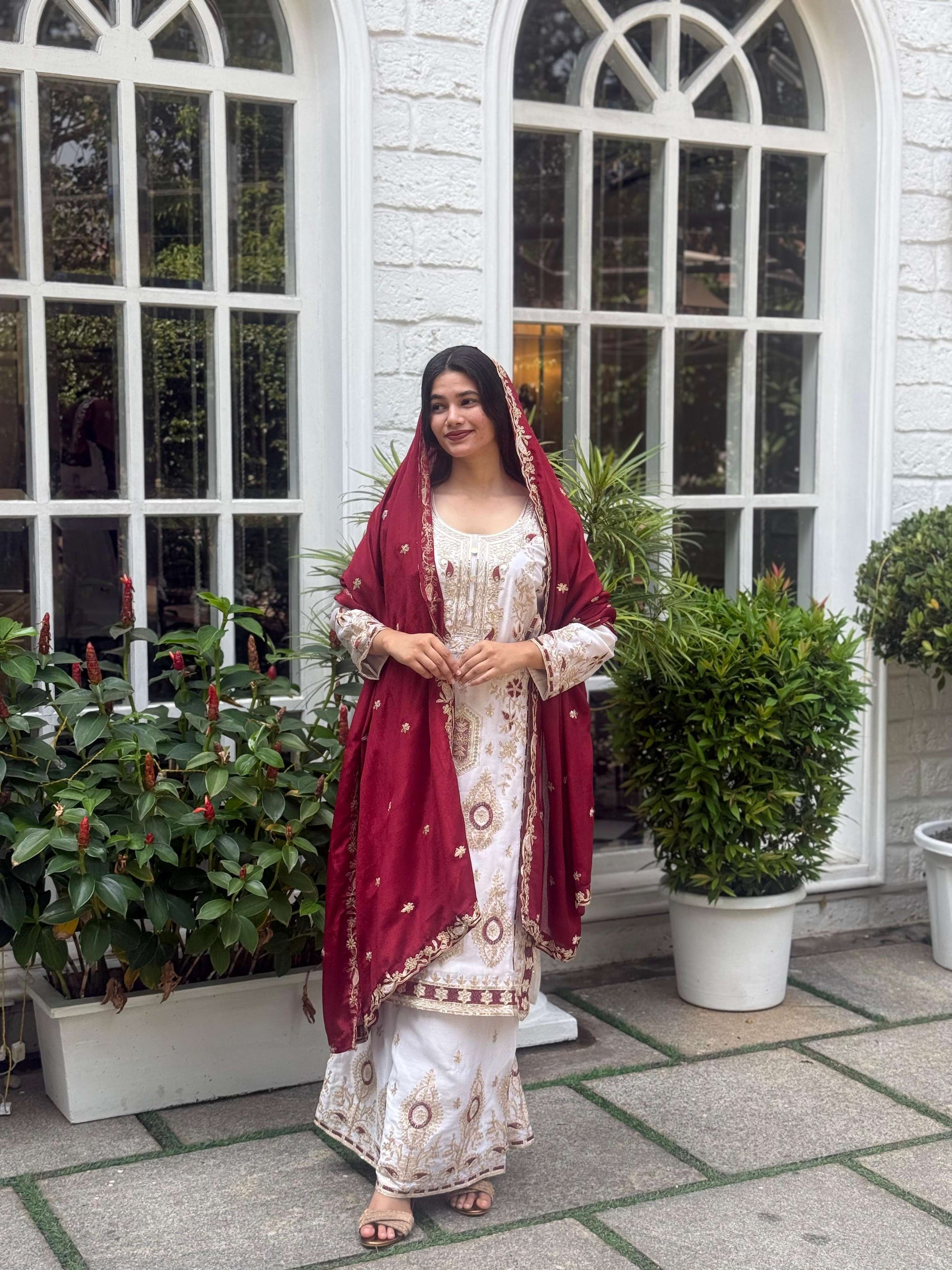 Teeya Creation White Color Chinnon Silk Embroidery Work Fully Stitched Pakistani Suit