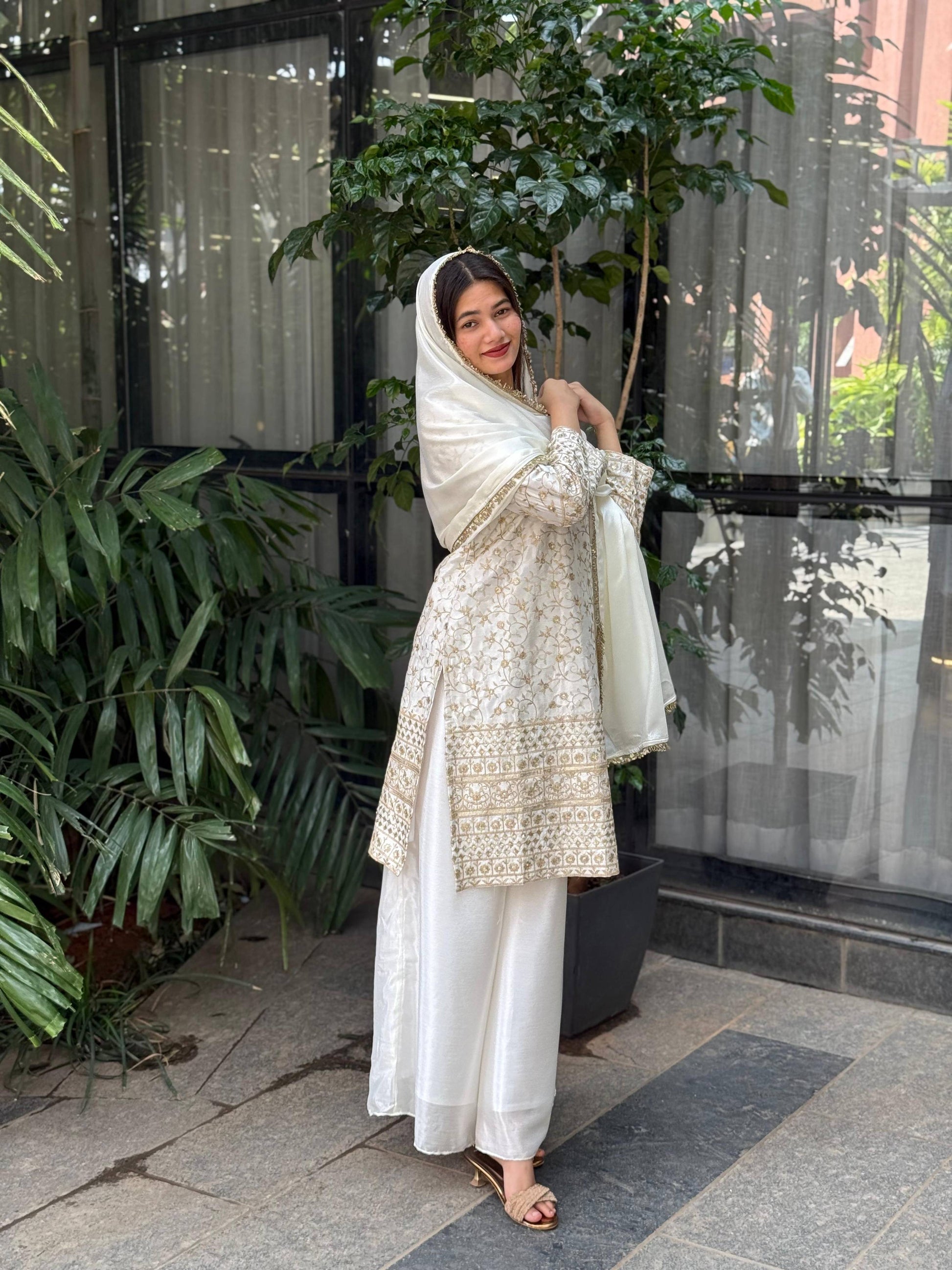 Teeya Creation White Color Chinnon Silk Embroidery Work Fully Stitched Pakistani Suit