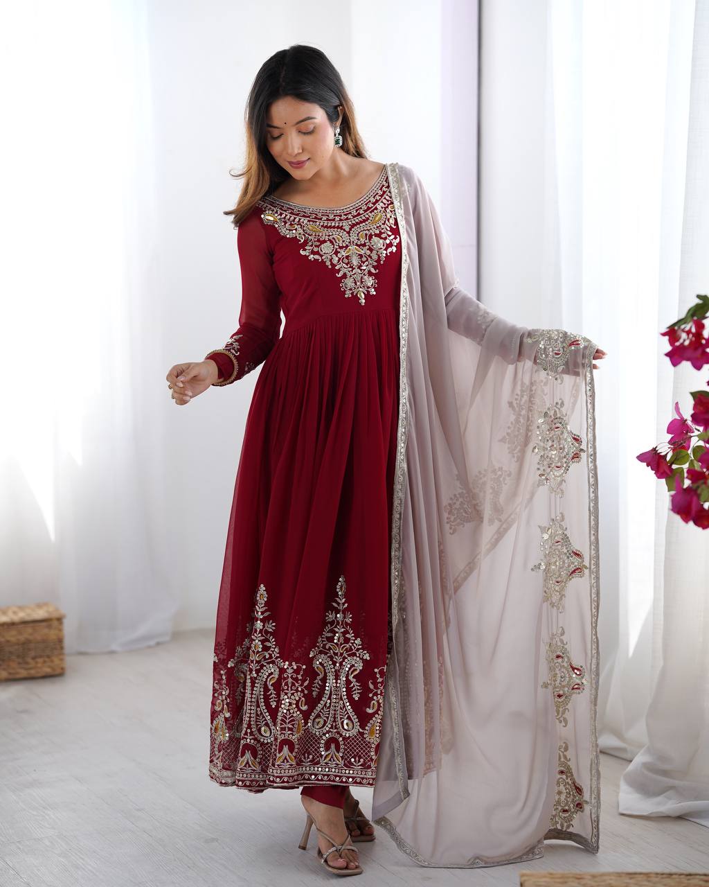 Teeya Creation Maroon Color Heavy Georgette Embroidery Work Fully Stitched Gown