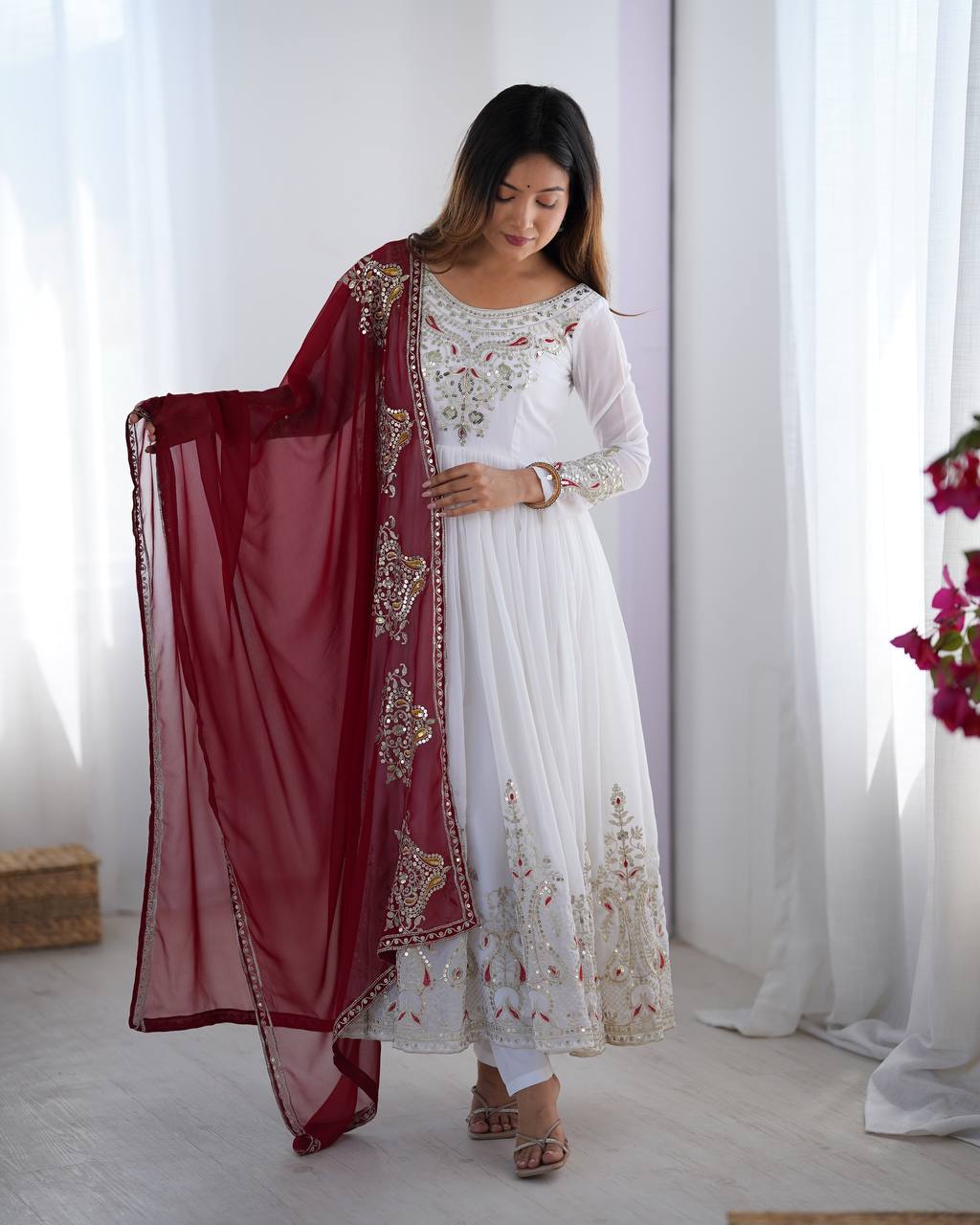 Teeya Creation White Color Heavy Georgette Embroidery Work Fully Stitched Gown