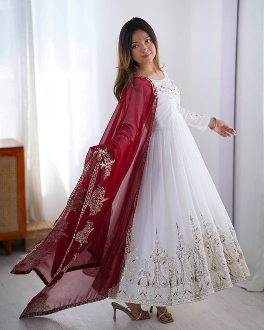 Teeya Creation White Color Heavy Georgette Embroidery Work Fully Stitched Gown