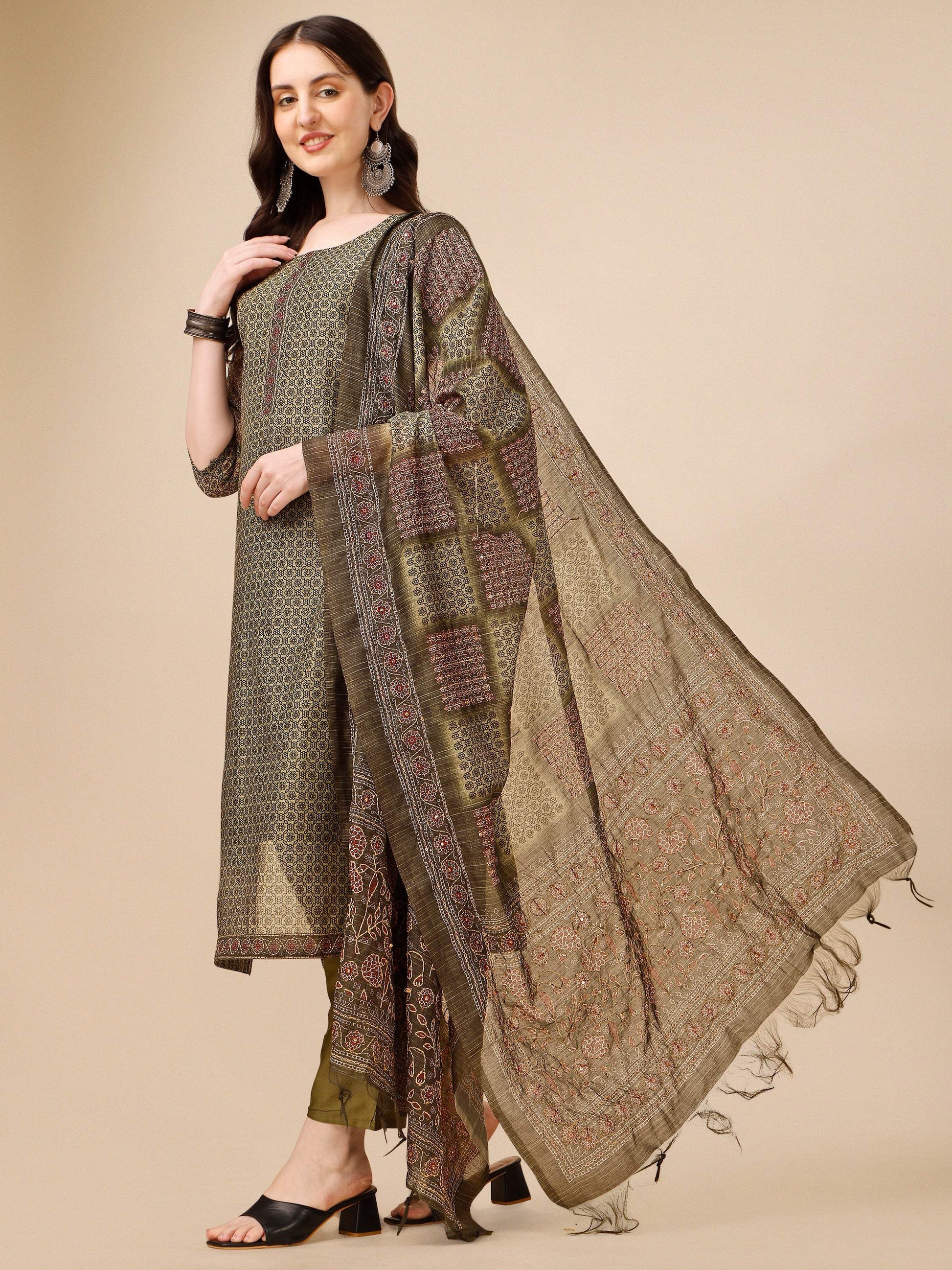 Printed Kurta With Pant And Dupatta Set, Multicolor - Hiral Fashion