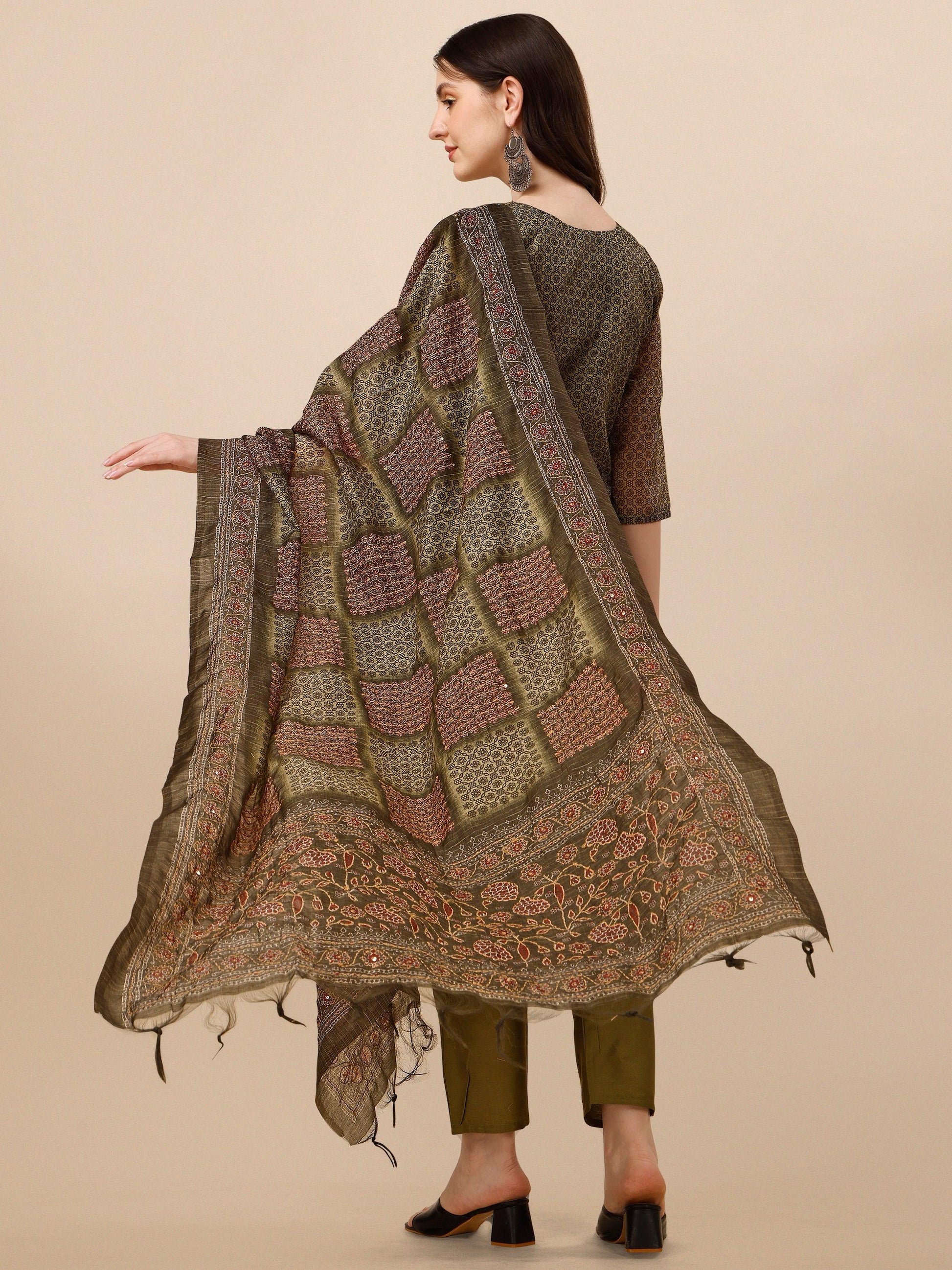 Printed Kurta With Pant And Dupatta Set, Multicolor - Hiral Fashion
