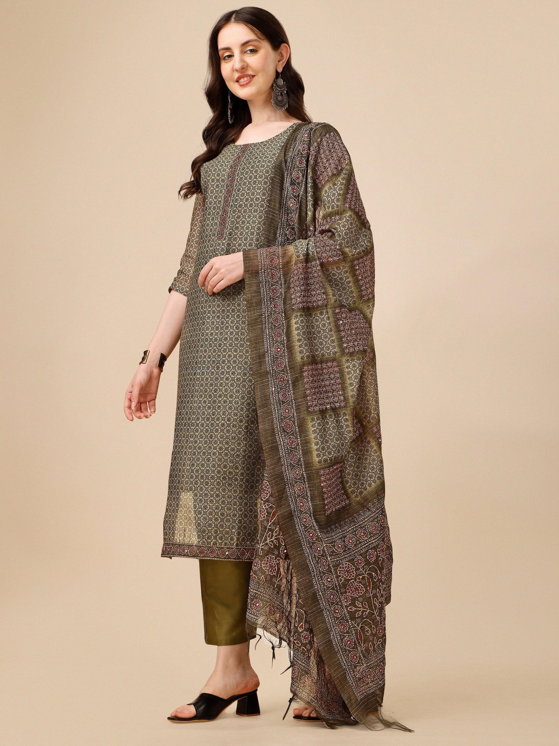 Printed Kurta With Pant And Dupatta Set, Multicolor - Hiral Fashion