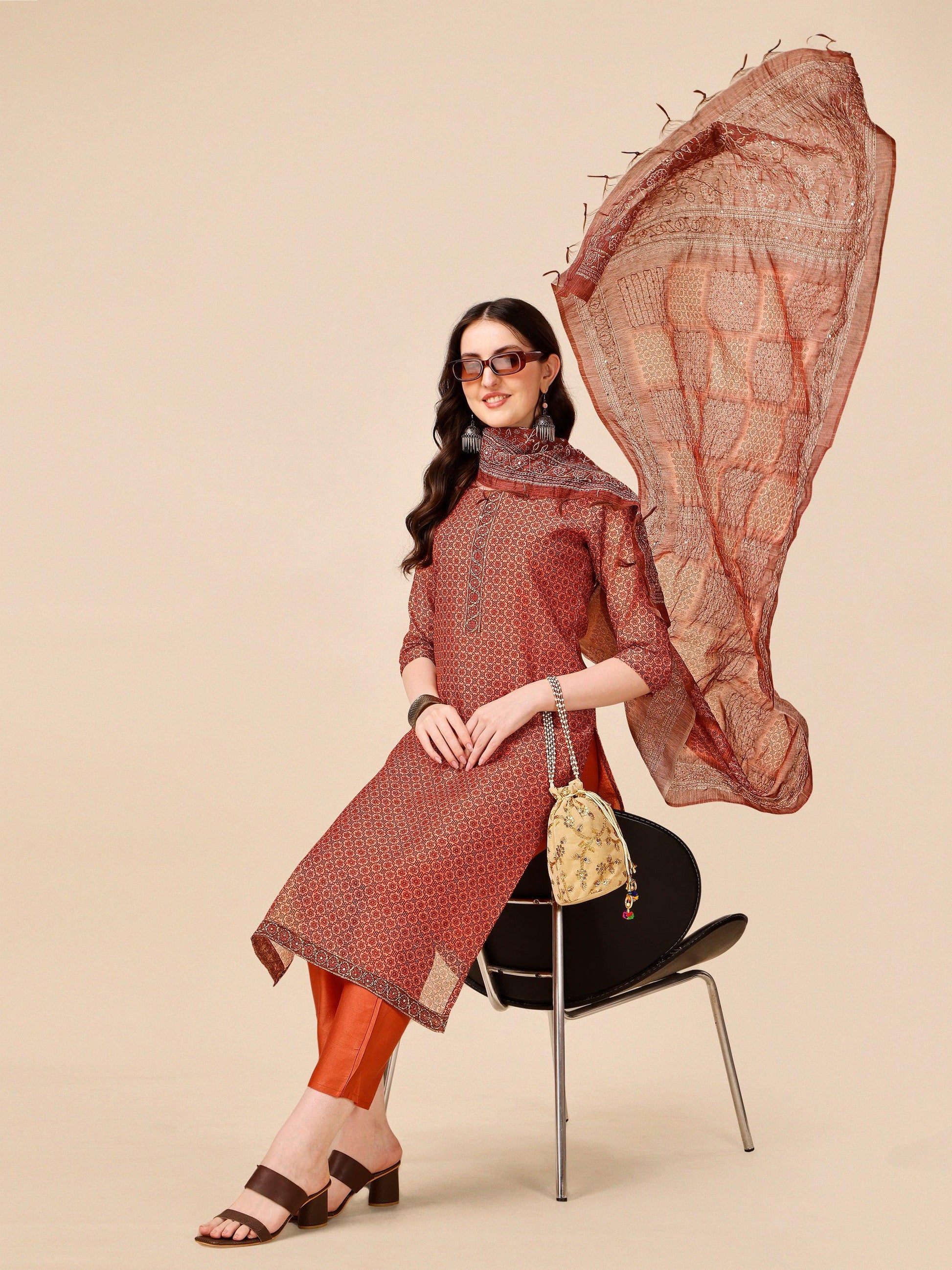Printed Kurta With Pant And Dupatta Set, Multicolor - Hiral Fashion