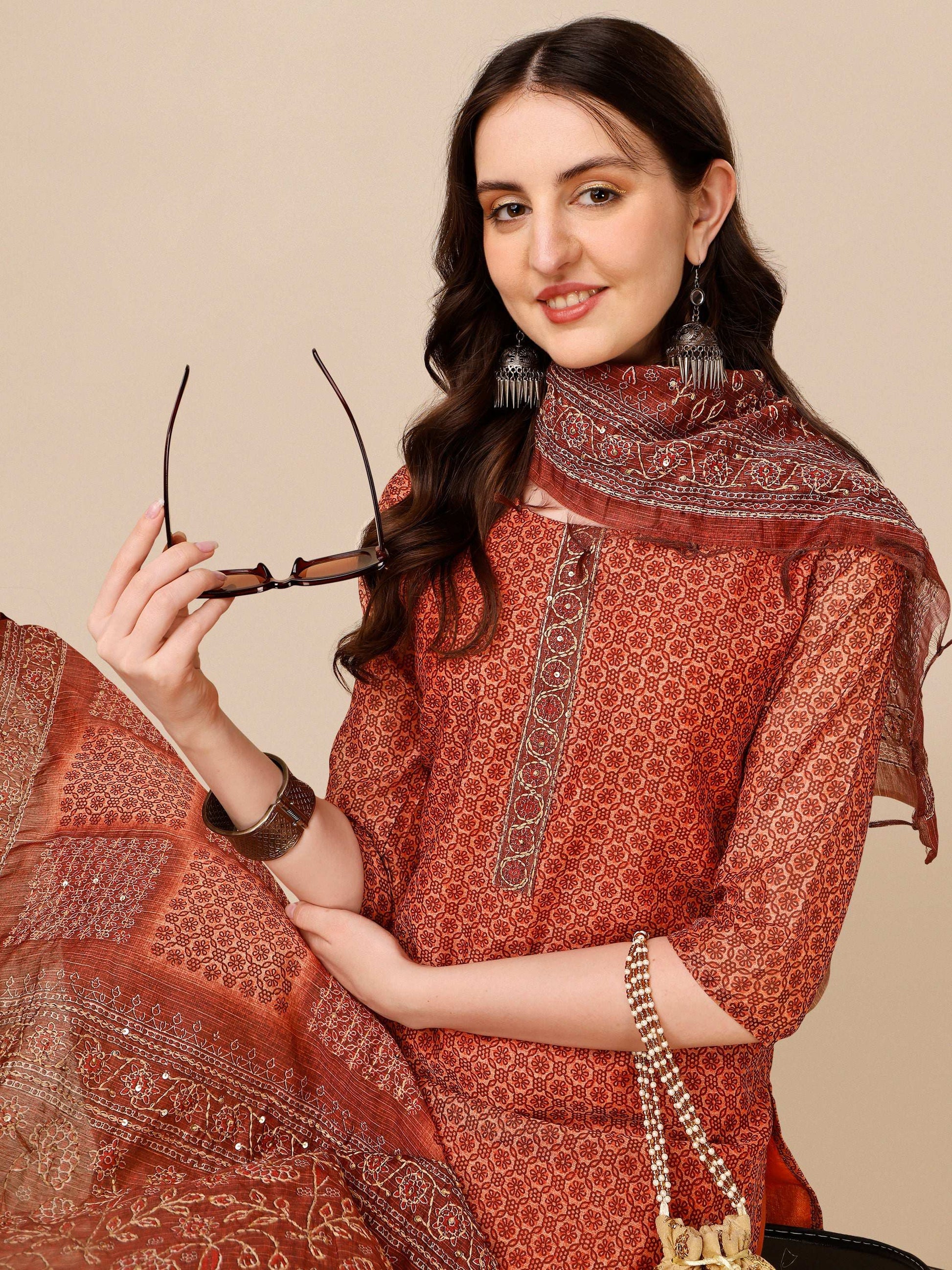 Printed Kurta With Pant And Dupatta Set, Multicolor - Hiral Fashion