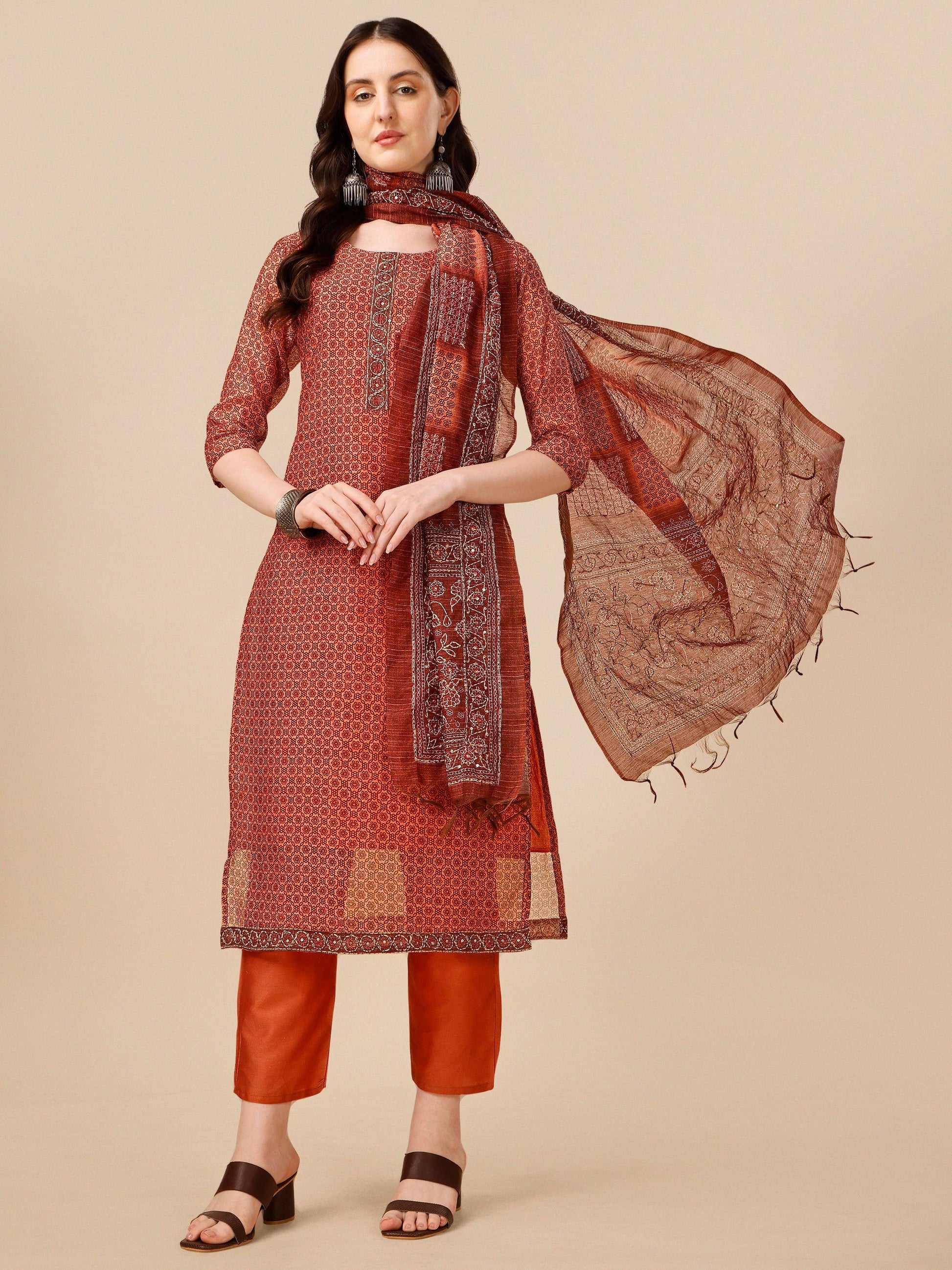 Printed Kurta With Pant And Dupatta Set, Multicolor - Hiral Fashion