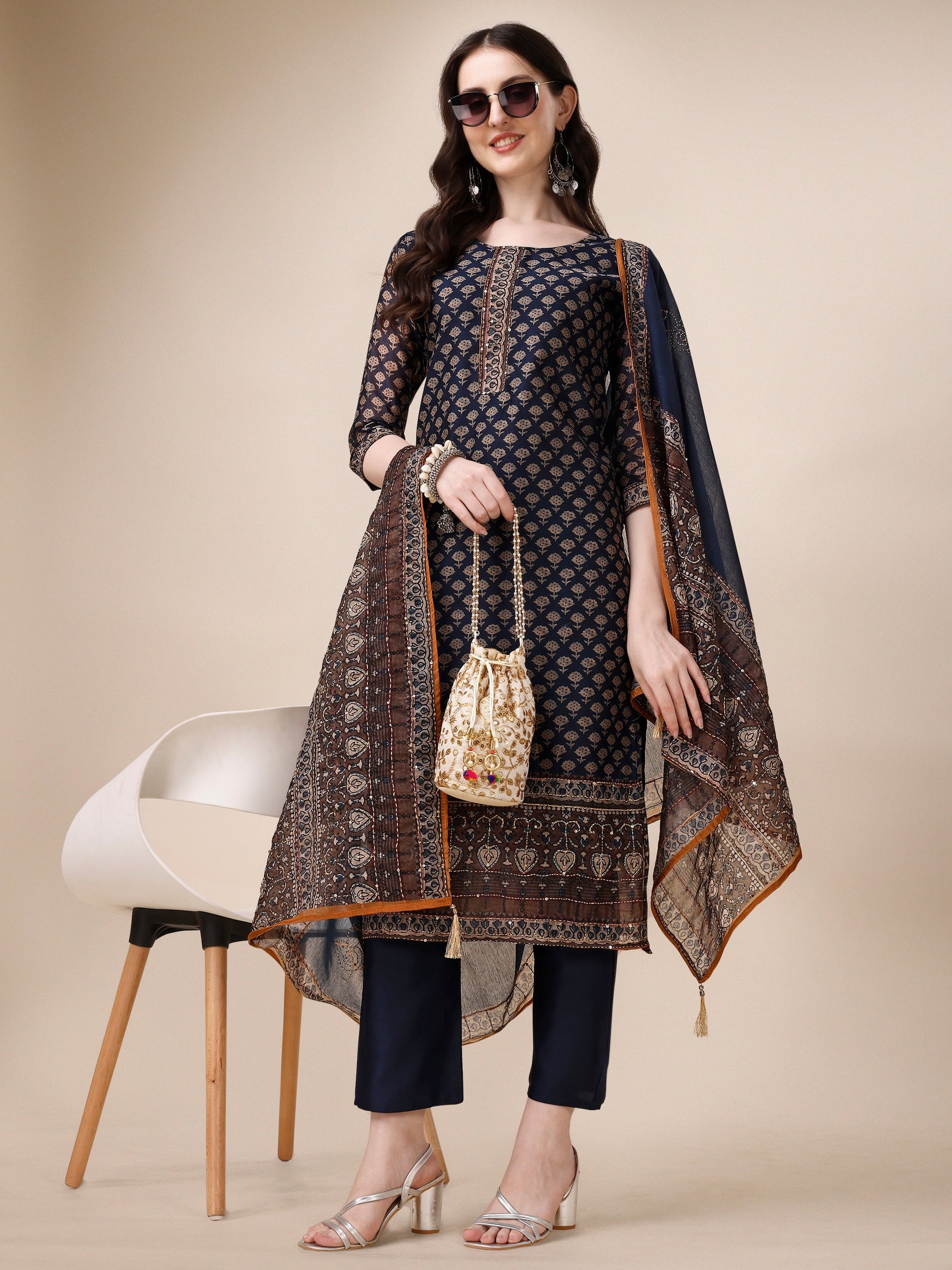 Printed Kurta With Pant And Dupatta Set, Multicolor - Hiral Fashion