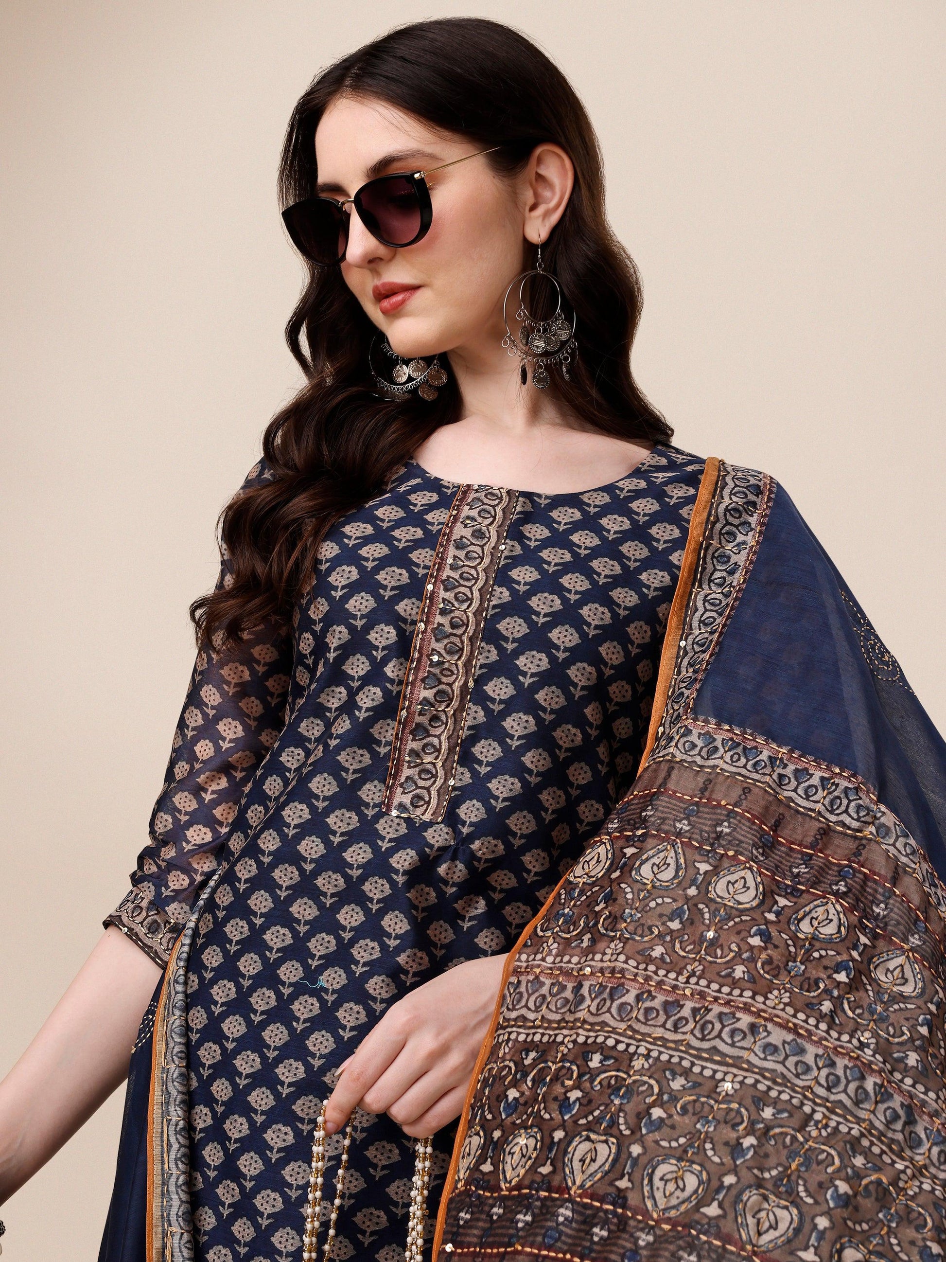 Printed Kurta With Pant And Dupatta Set, Multicolor - Hiral Fashion