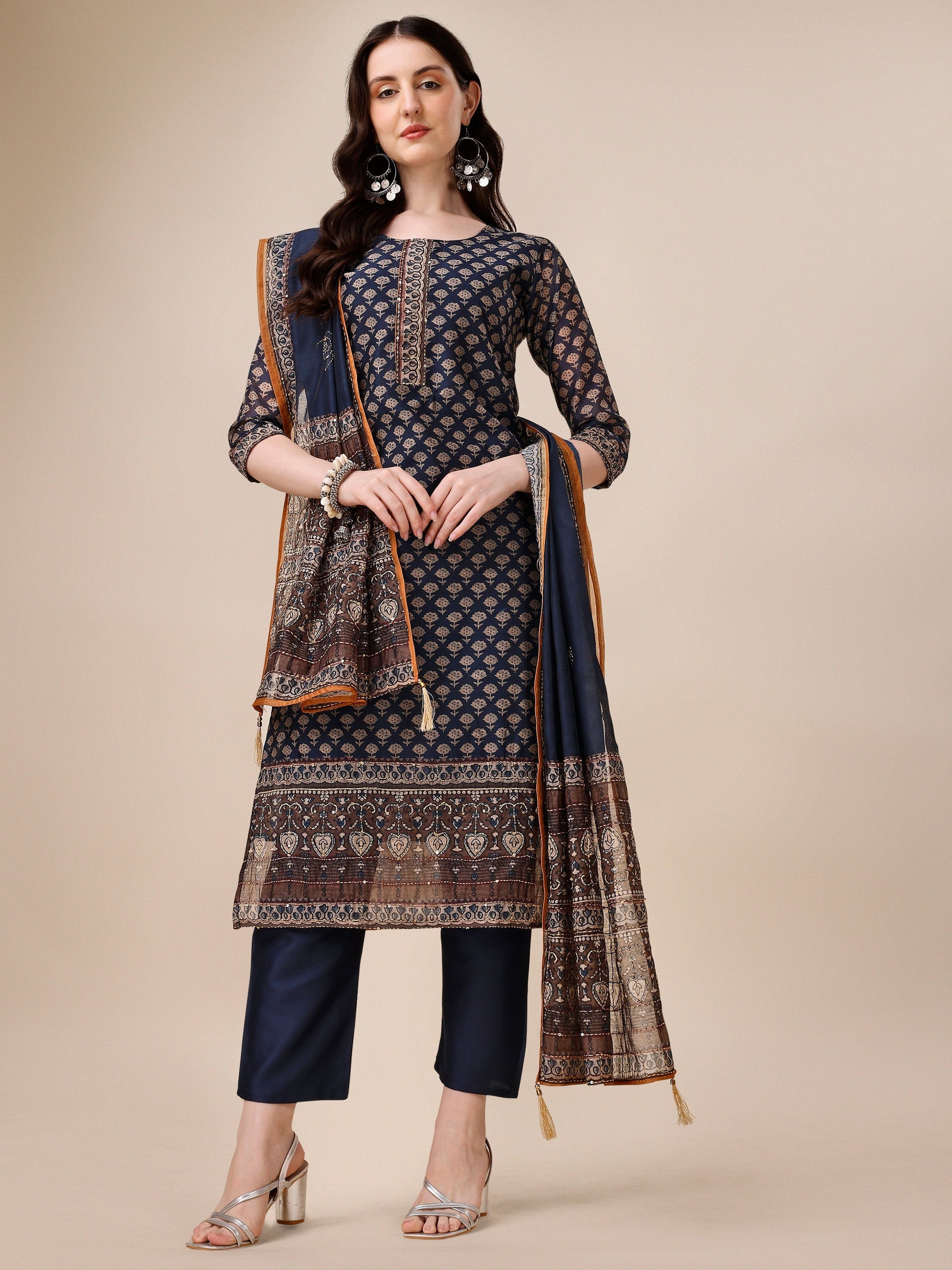 Printed Kurta With Pant And Dupatta Set, Multicolor - Hiral Fashion
