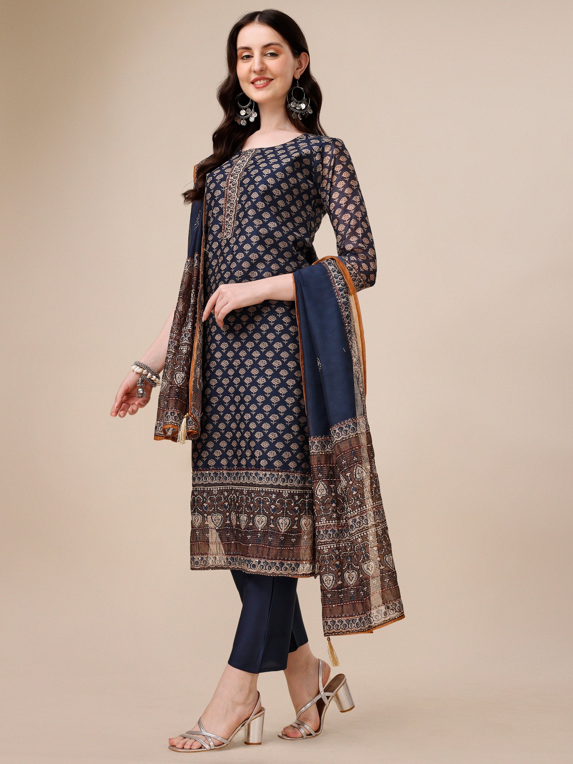 Printed Kurta With Pant And Dupatta Set, Multicolor - Hiral Fashion