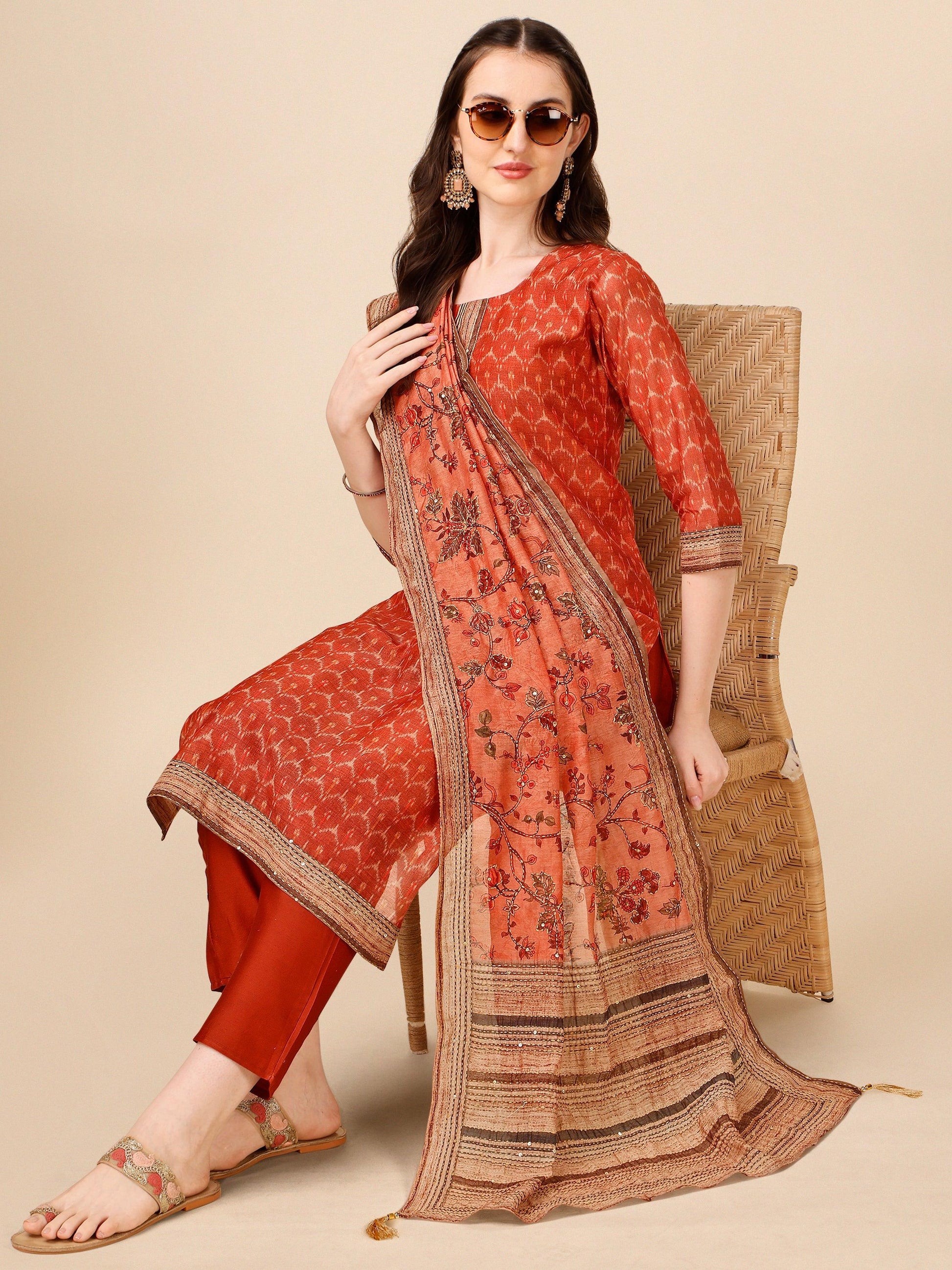 Floral Printed Kurta With Pant And Dupatta Set, Multicolor - Hiral Fashion