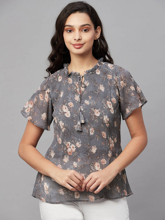 Myshka Grey Printed Half Sleeve Round Neck Top
