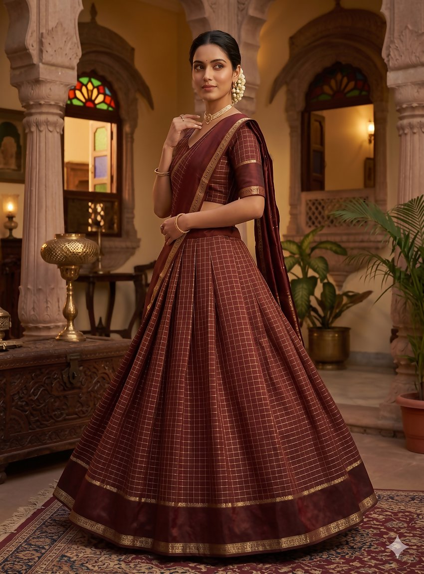Teeya Creation New South Indian Silk Checked Half Saree Lehenga Choli with Zari Border-Maroon