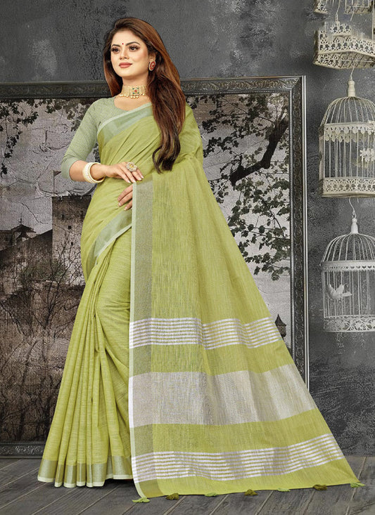 Shree Shyam Fashion Elegant Olive Green Woven Linen Saree with Contrast Zari Border & Tassels - Soft & Breathable Party Wear
