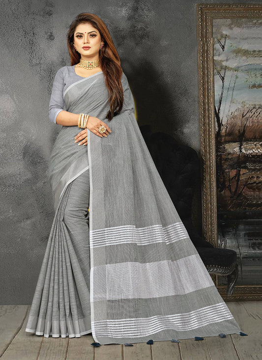 Shree Shyam Fashion Elegant Light Grey Woven Linen Saree with Contrast Zari Border & Tassels - Soft & Breathable Party Wear