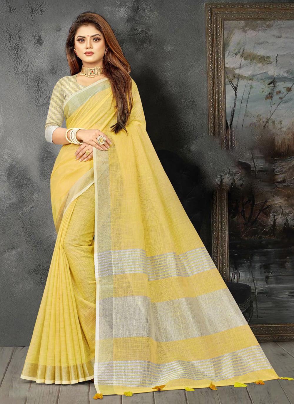 Shree Shyam Fashion Elegant Yellow Woven Linen Saree with Contrast Zari Border & Tassels - Soft & Breathable Party Wear