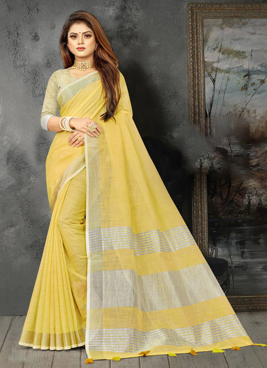 Shree Shyam Fashion Elegant Yellow Woven Linen Saree with Contrast Zari Border & Tassels - Soft & Breathable Party Wear