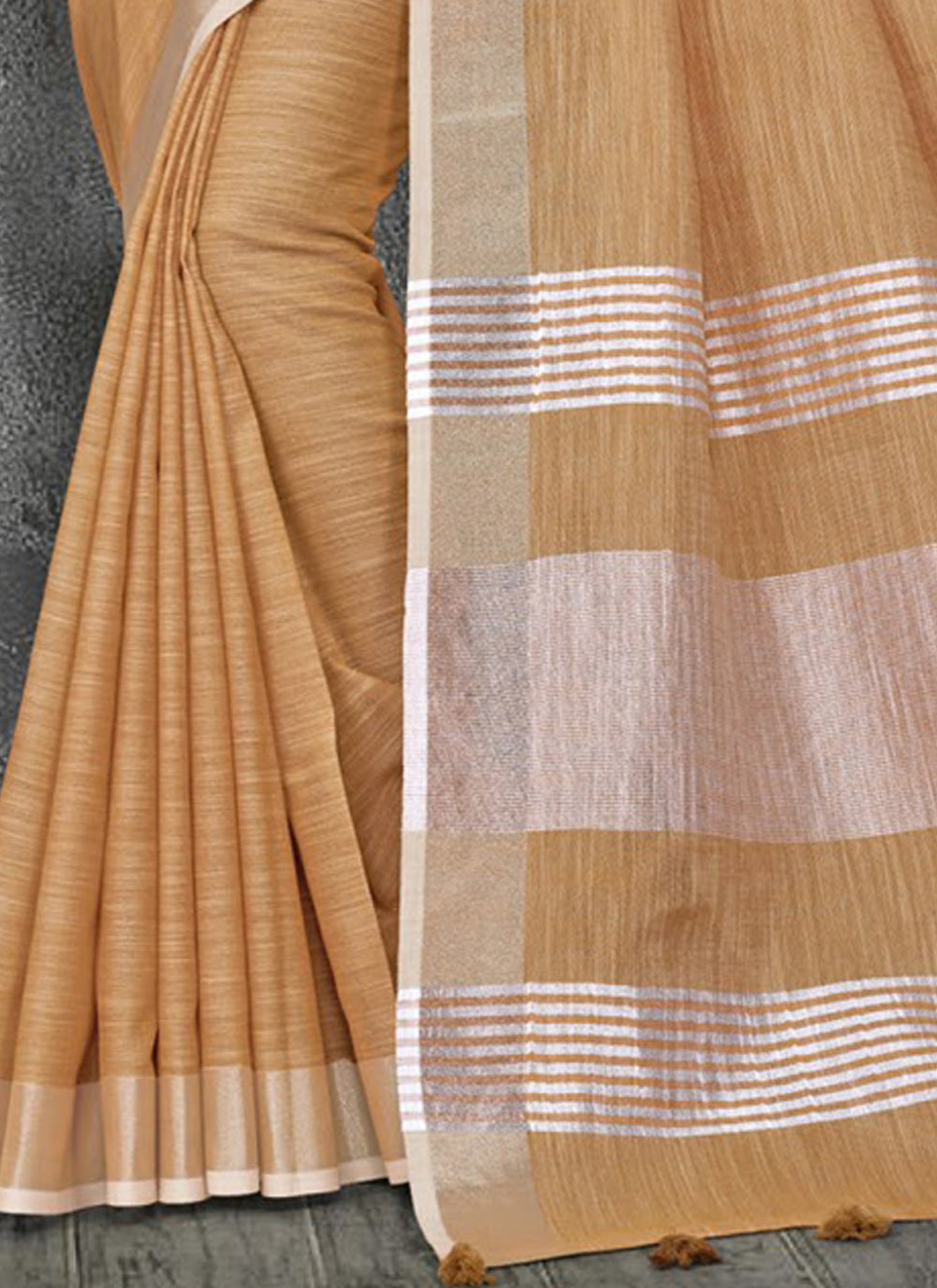 Shree Shyam Fashion Elegant Tan Woven Linen Saree with Contrast Zari Border & Tassels - Soft & Breathable Party Wear