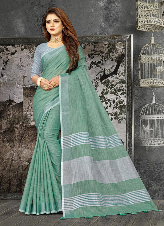 Shree Shyam Fashion Elegant Sea Green Woven Linen Saree with Contrast Zari Border & Tassels - Soft & Breathable Party Wear