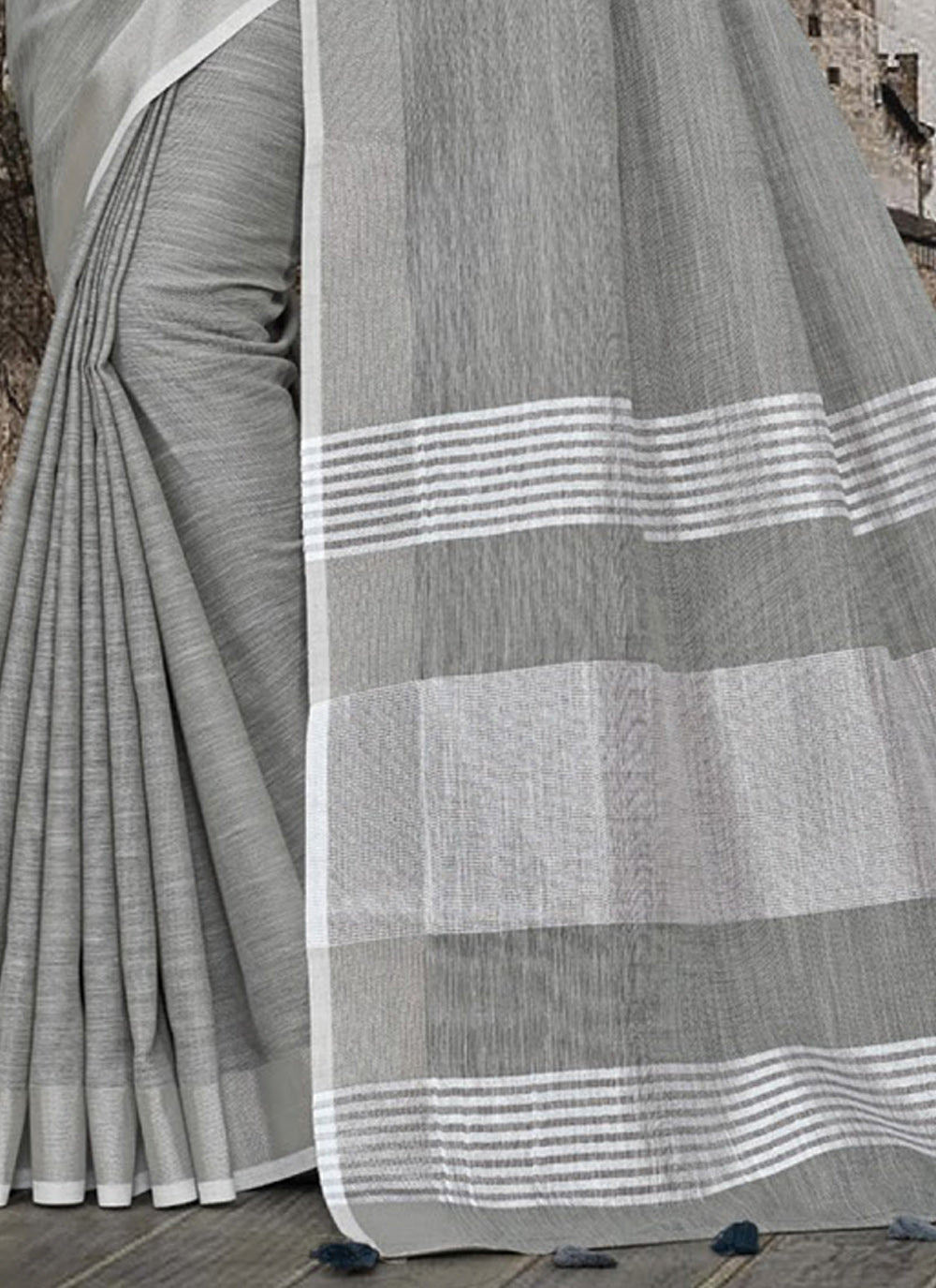 Shree Shyam Fashion Elegant Dark Grey Woven Linen Saree with Contrast Zari Border & Tassels - Soft & Breathable Party Wear