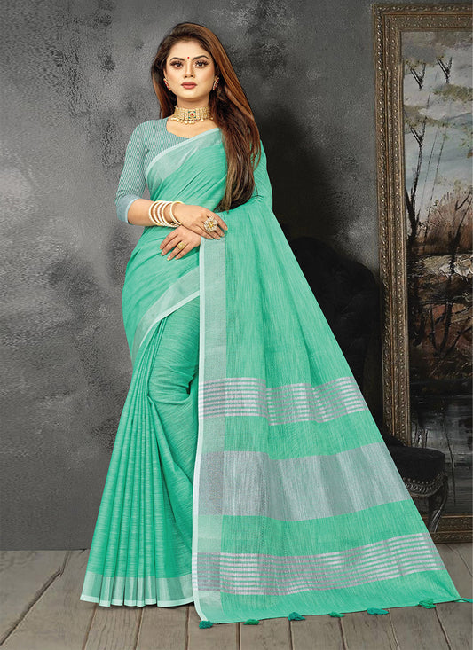 Shree Shyam Fashion Elegant Turquoise Woven Linen Saree with Contrast Zari Border & Tassels - Soft & Breathable Party Wear