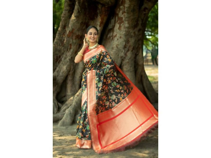 Aastha Fashion Women's Black Banarasi Silk Meenakari Zari Woven Saree with Blouse - Grab2buy