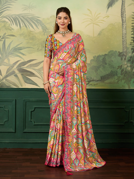 Dwija Fashion Women'S Pary Wear Printed Crep Silk Designer Saree With Unstitche Blouse-Multicolor