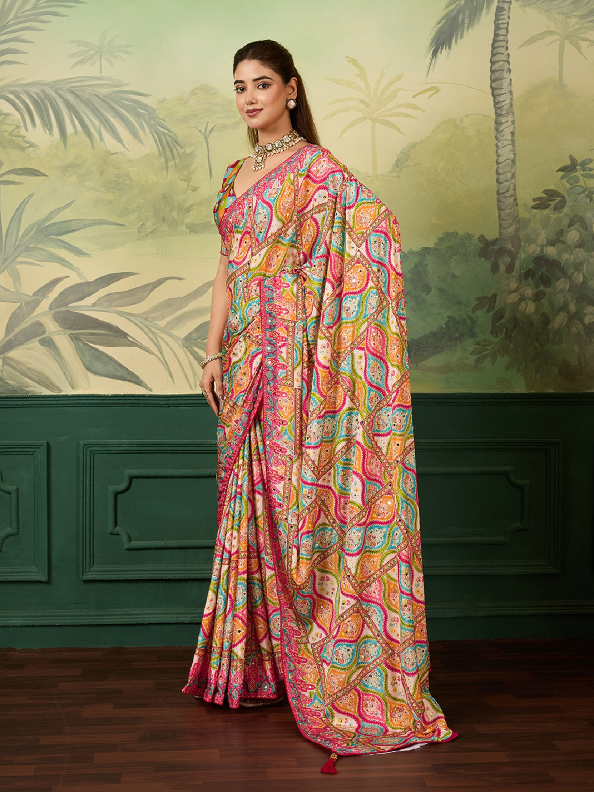 Dwija Fashion Women'S Pary Wear Printed Crep Silk Designer Saree With Unstitche Blouse-Multicolor