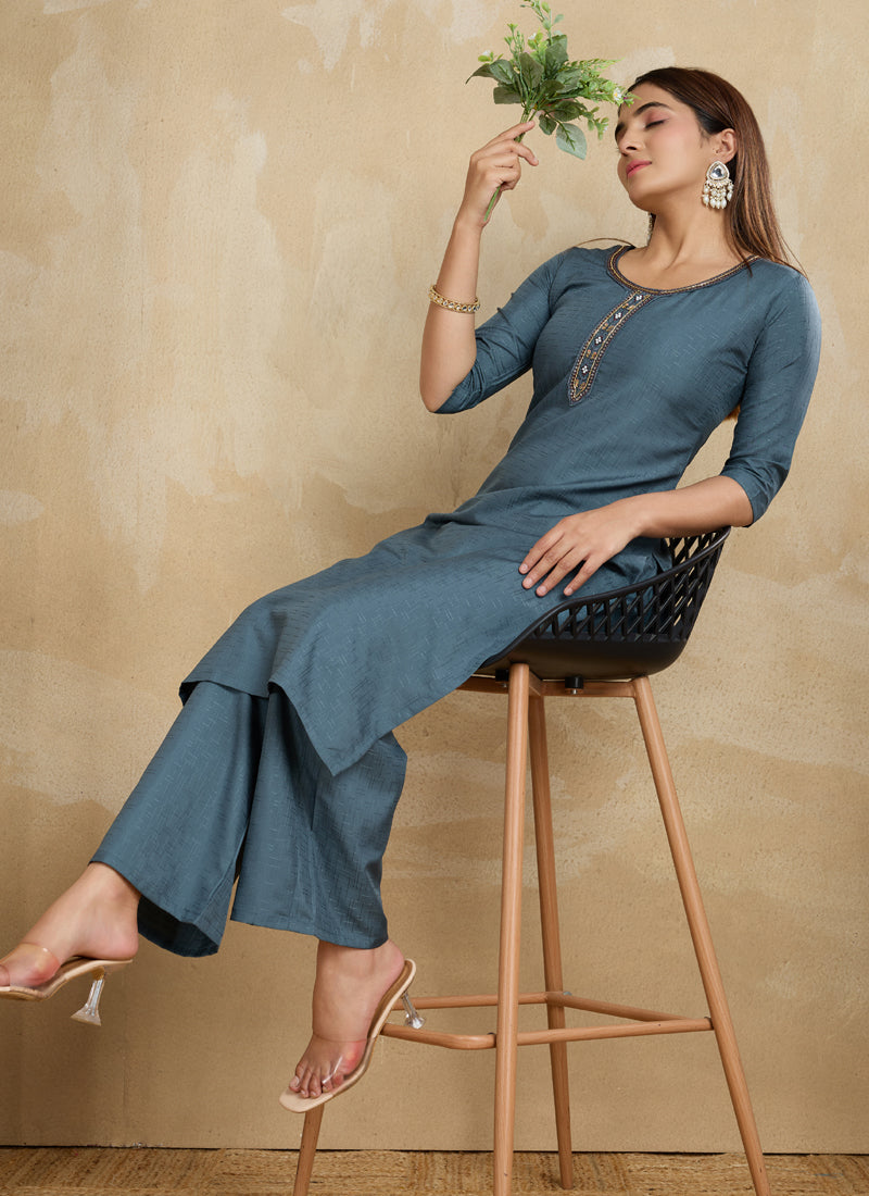 Prazu Fashion Grey Printed Cotton Blend Kurta Pant Set