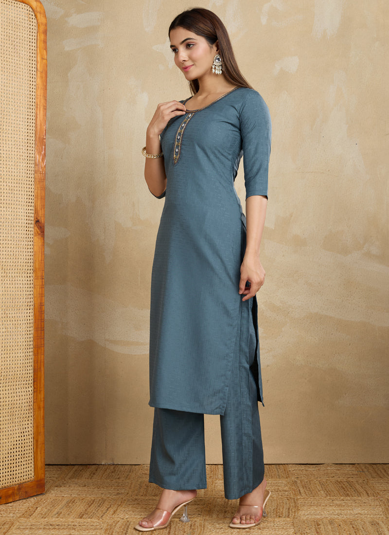 Prazu Fashion Grey Printed Cotton Blend Kurta Pant Set