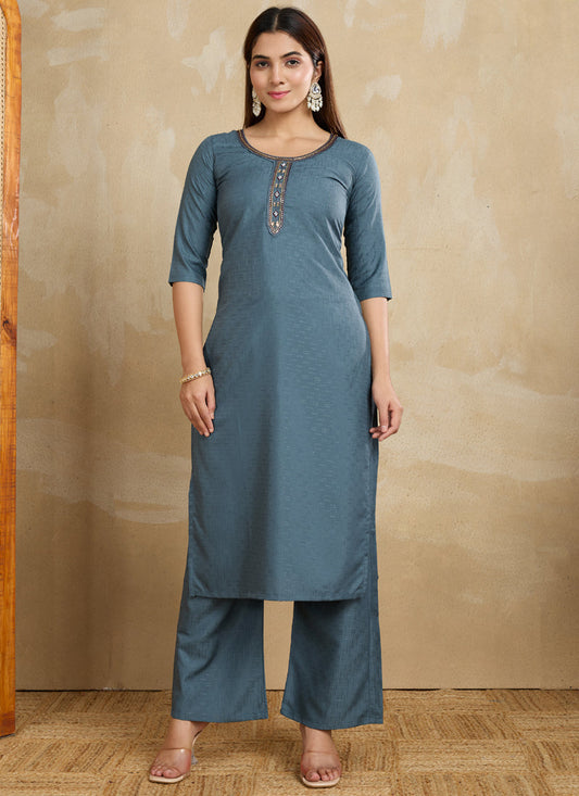 Prazu Fashion Grey Printed Cotton Blend Kurta Pant Set