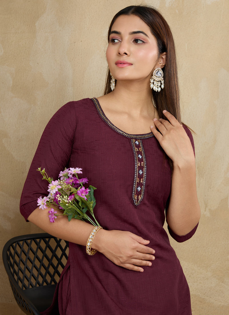 Prazu Fashion Maroon Printed Cotton Blend Kurta Pant Set