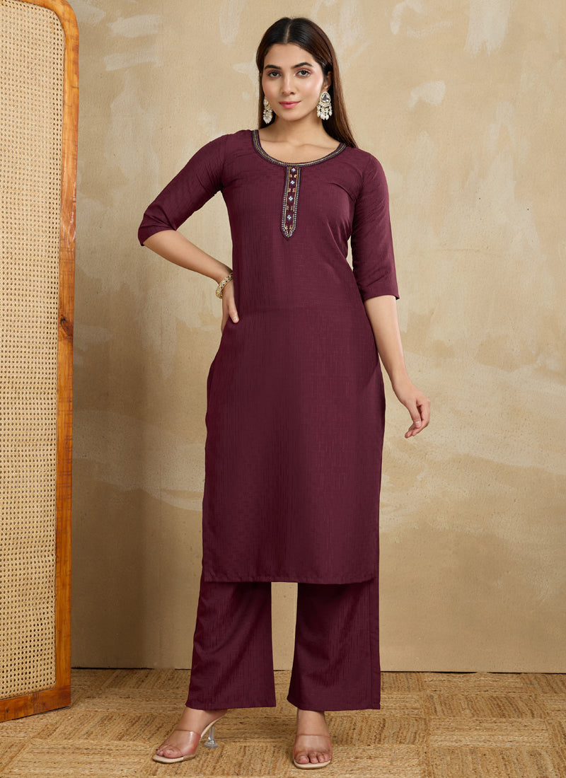 Prazu Fashion Maroon Printed Cotton Blend Kurta Pant Set
