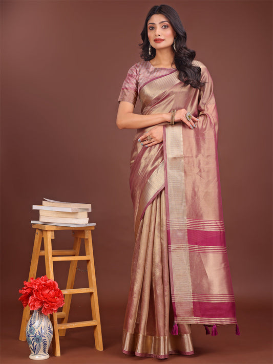 Shree Shyam Fashion Elegant Light Pink & Magenta Organza Saree with Rich Zari Border & Pallu Tassels | Premium Partywear Saree for Women