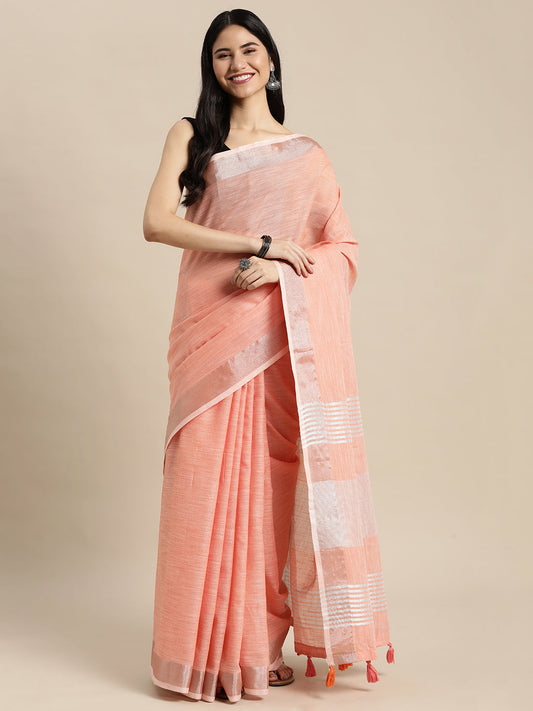 Shree Shyam Fashion Elegant Peach Woven Linen Saree with Contrast Zari Border & Tassels - Soft & Breathable Party Wear