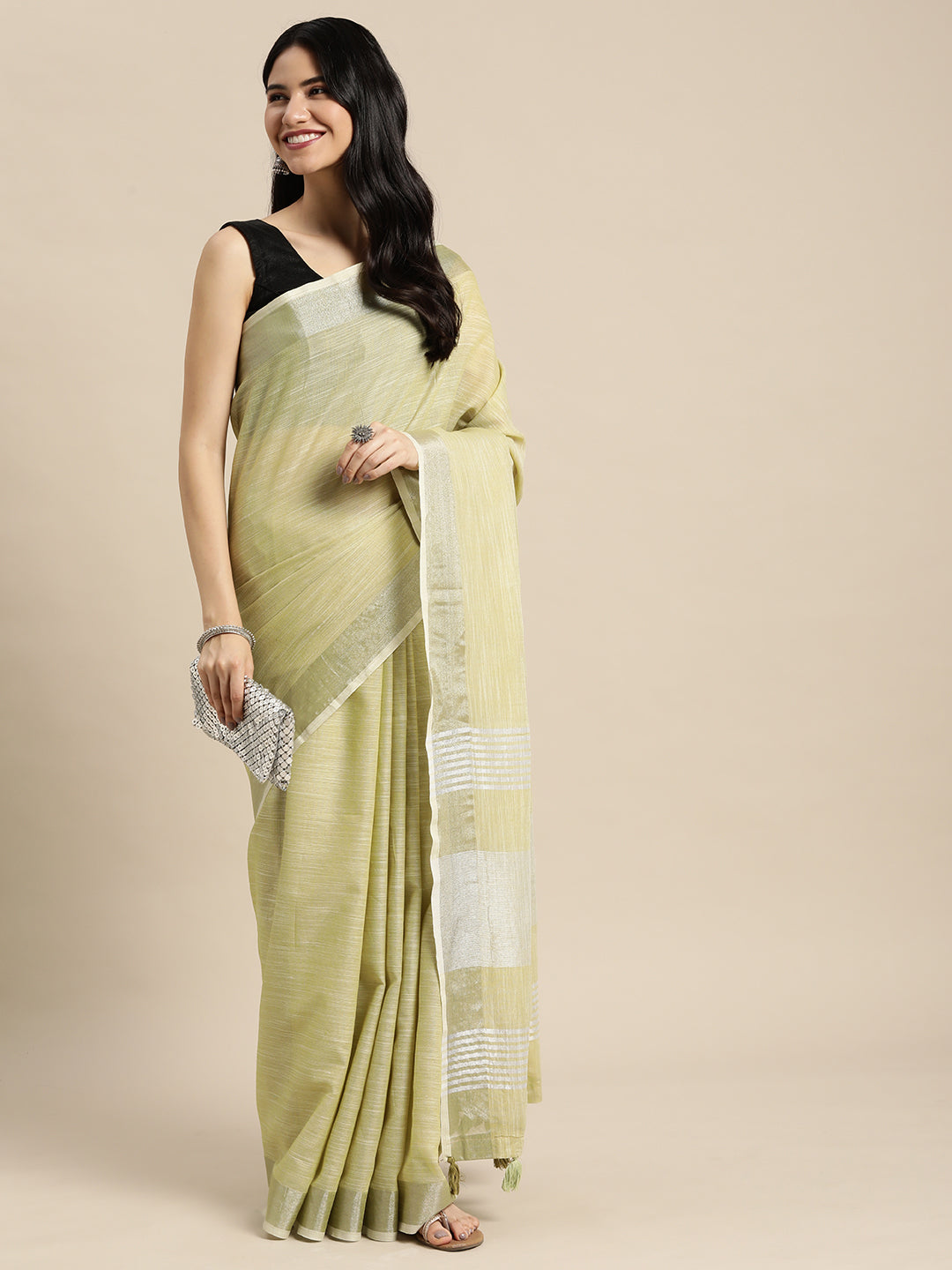 Shree Shyam Fashion Elegant Mehndi Woven Linen Saree with Contrast Zari Border & Tassels - Soft & Breathable Party Wear