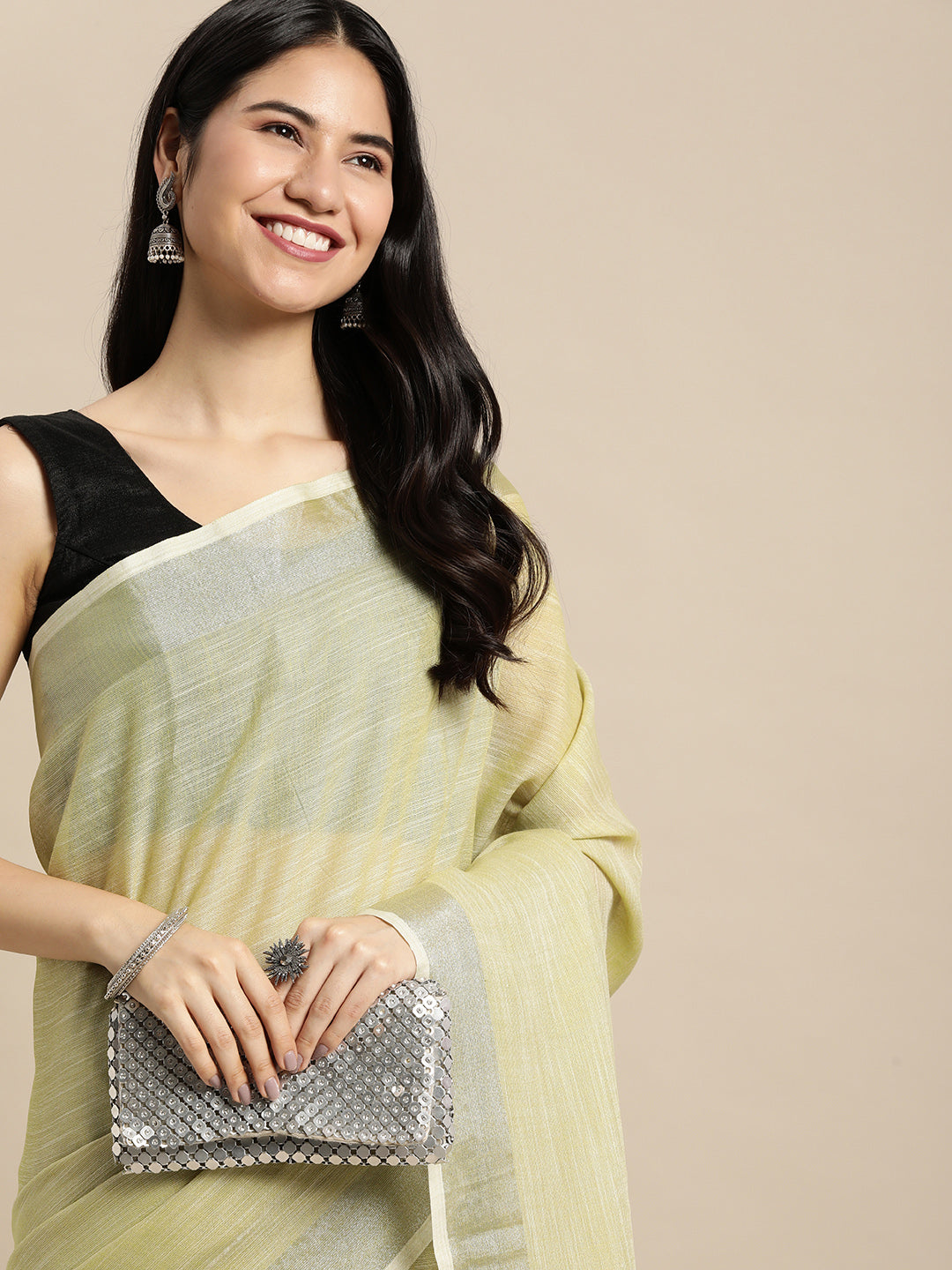 Shree Shyam Fashion Elegant Mehndi Woven Linen Saree with Contrast Zari Border & Tassels - Soft & Breathable Party Wear