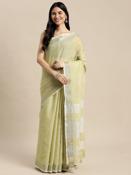 Shree Shyam Fashion Elegant Mehndi Woven Linen Saree with Contrast Zari Border & Tassels - Soft & Breathable Party Wear
