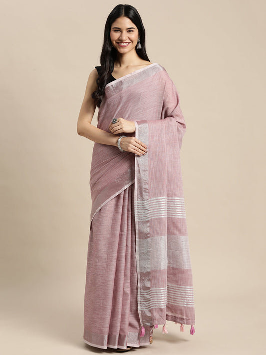 Shree Shyam Fashion Elegant Mauve Woven Linen Saree with Contrast Zari Border & Tassels - Soft & Breathable Party Wear