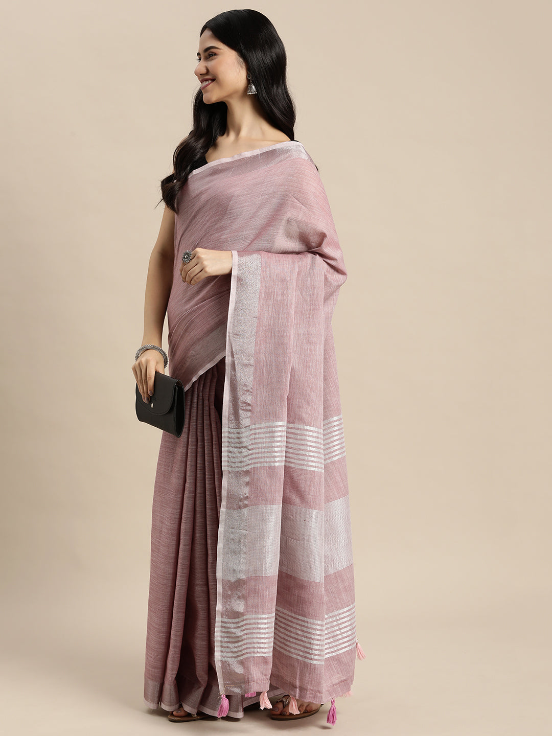 Shree Shyam Fashion Elegant Mauve Woven Linen Saree with Contrast Zari Border & Tassels - Soft & Breathable Party Wear